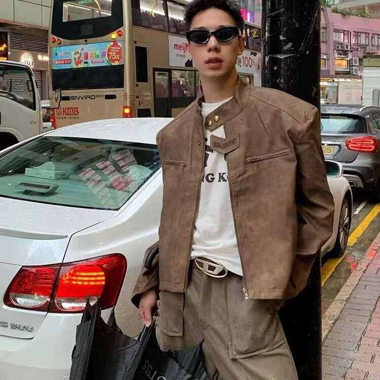 美式复古棕咖色小众短款皮衣