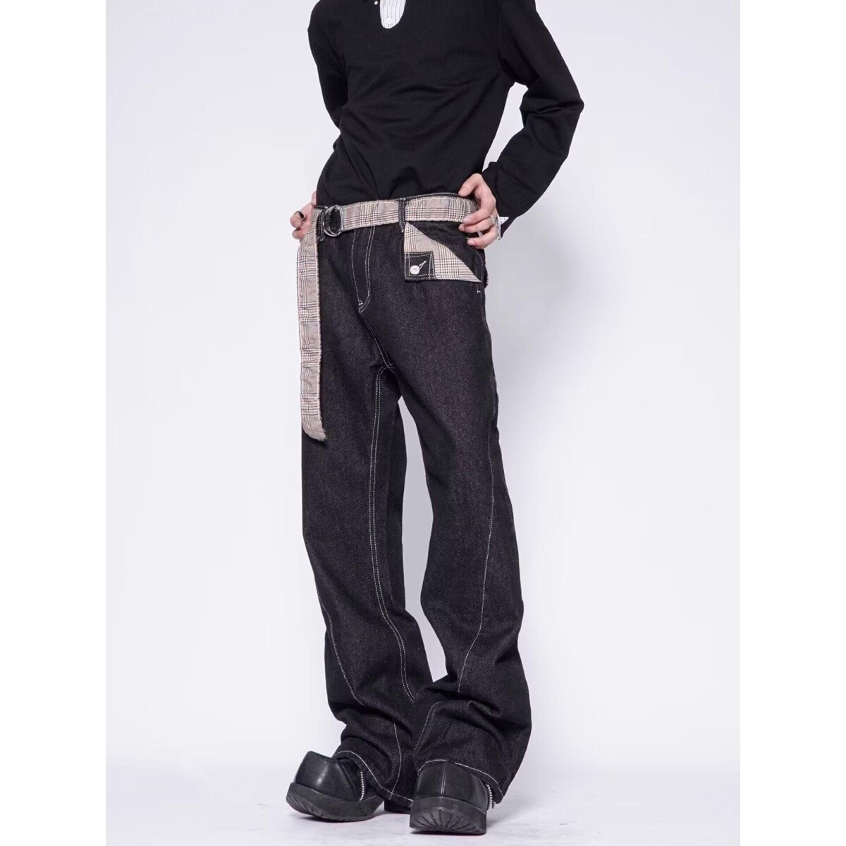 新因素美式高街黑色复古牛仔裤男款微喇宽松休闲设计潮牌vibe长裤