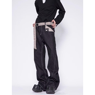 新因素美式高街黑色复古牛仔裤男款微喇宽松休闲设计潮牌vibe长裤