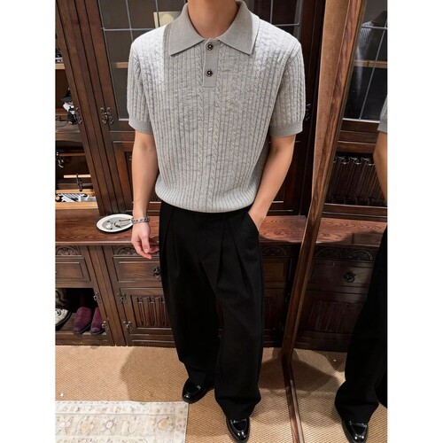 懒庸针织翻领Polo男士短袖T恤老钱风美式复古上衣阿美咔叽夏季