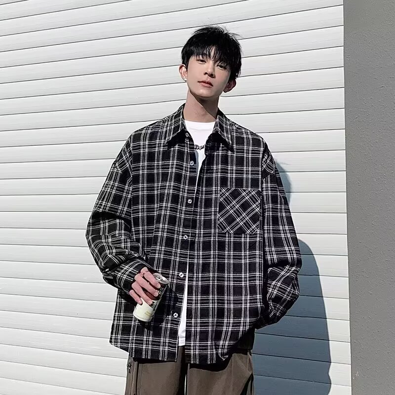 男士格子长袖衬衫春季港风