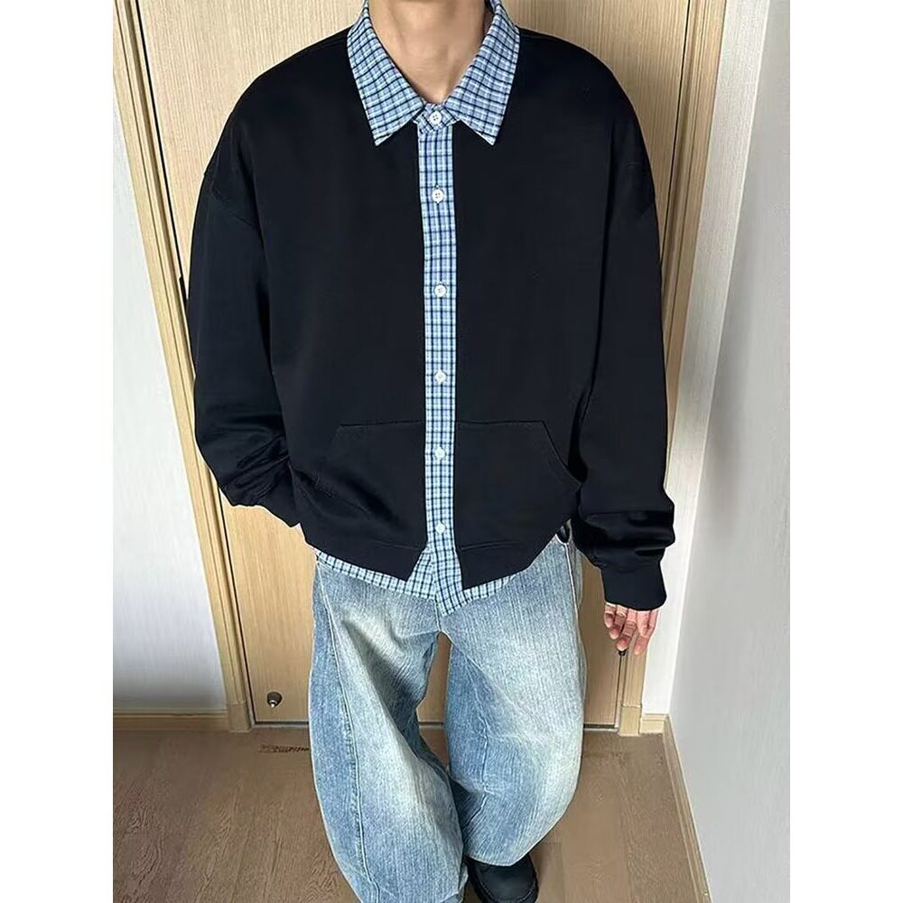 假两件格子拼接外套男2026新款秋季美式重磅卫衣cleanfit开衫夹克