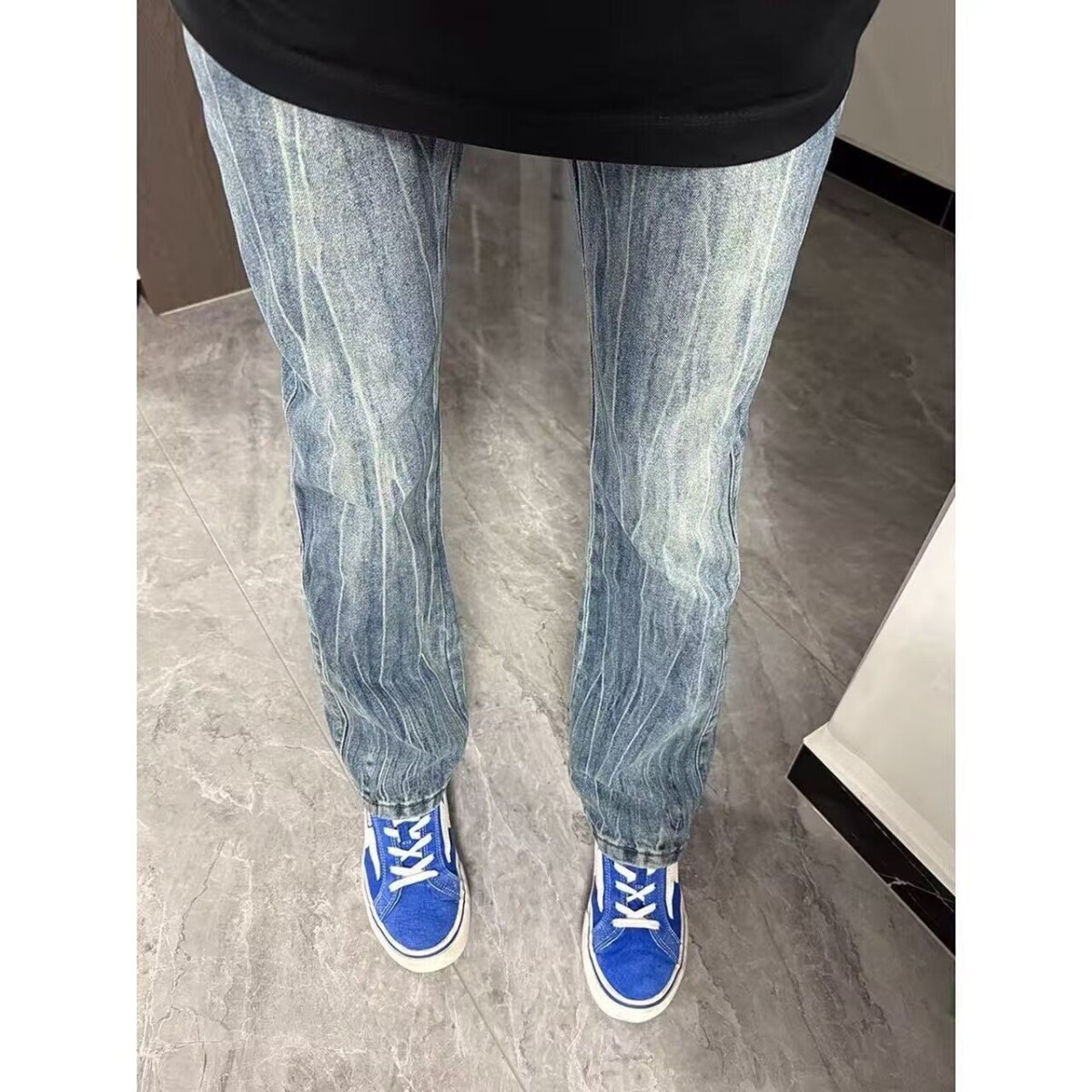 cleanfit闪电纹牛仔裤男款秋冬季美式高街裤子直筒修身微喇裤