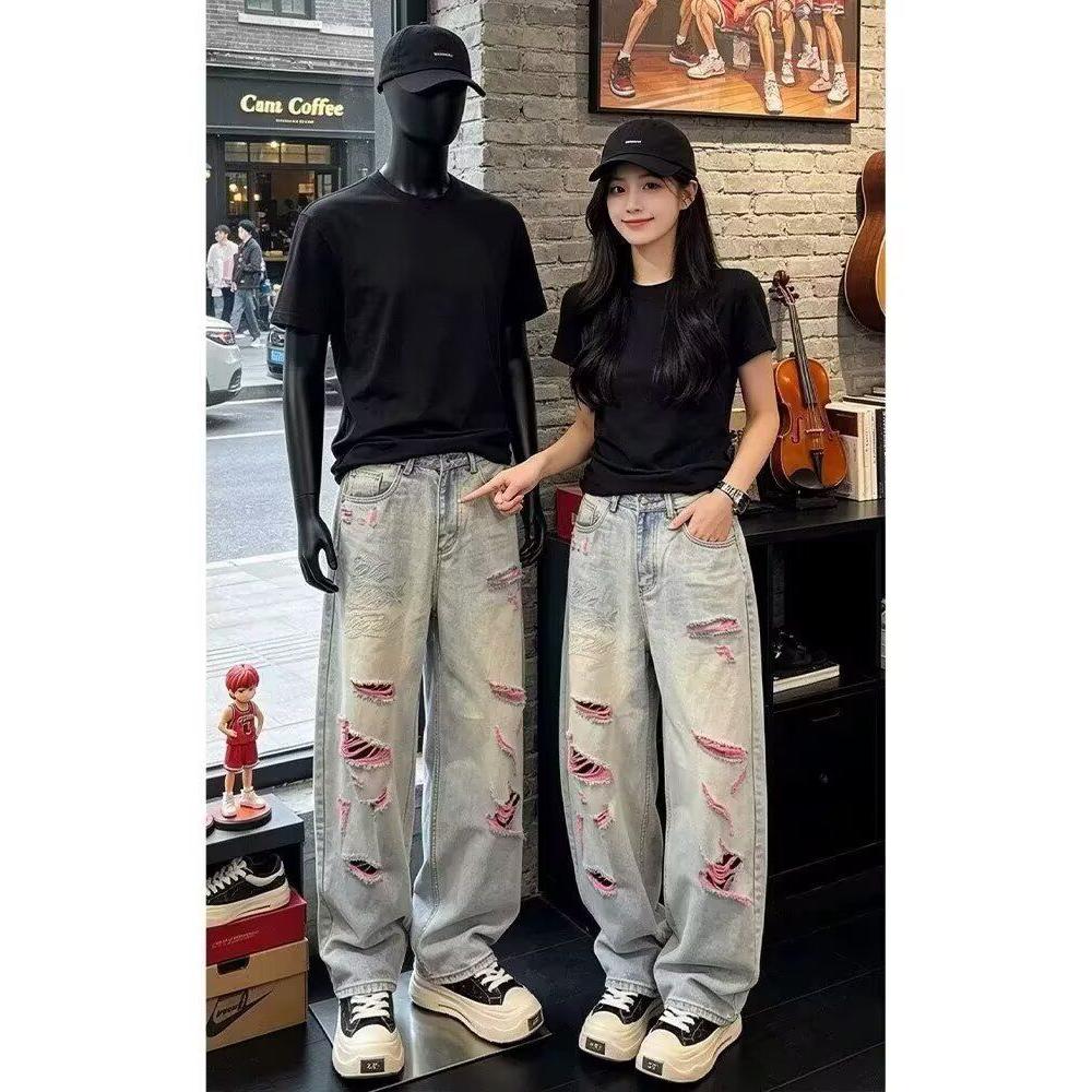 美式复古破洞高腰直筒牛仔裤女夏季辣妹垂感宽松显瘦拖地长裤潮