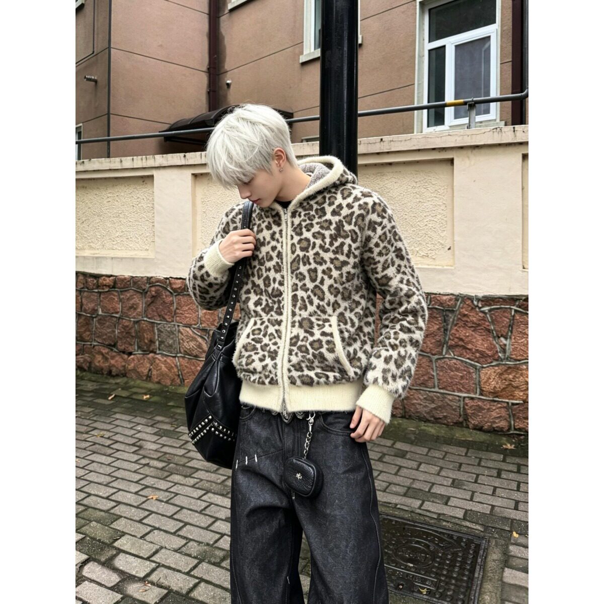 cleanfit豹纹提花短宽毛衣男女超柔绒感针织拉链连帽开衫卫衣外套