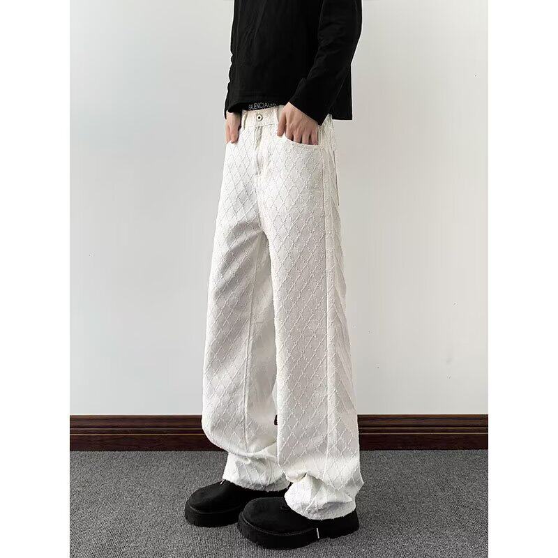 美式潮牌白色菱形格直筒牛仔裤男街头潮牌提花纹设计感休闲阔腿裤