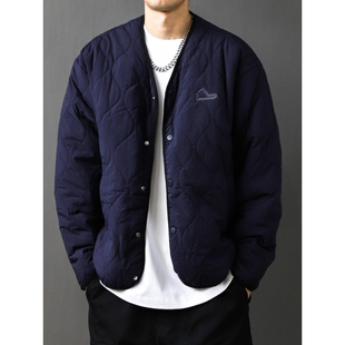 日系复古菱形格大码V领秋冬季男款百搭2025棉服棉衣外套轻薄宽松