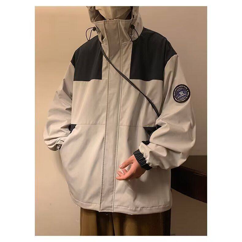 日系复古夹克男套装春季潮牌户外机能痞帅宽松拼接连帽三防冲锋衣