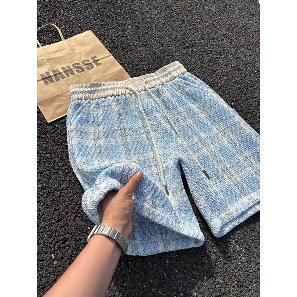 蓝白针织格子短裤男款夏季潮牌小众设计感五分裤美式重磅运动裤子