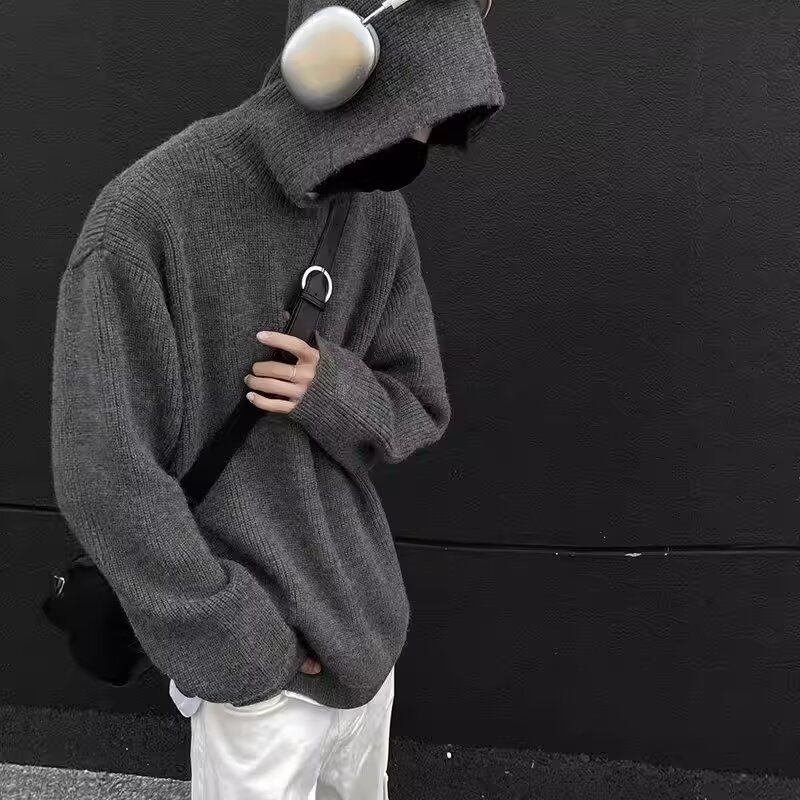 港风毛衣男秋冬季潮牌宽松情侣慵懒风针织衫连帽高级感厚重外套潮