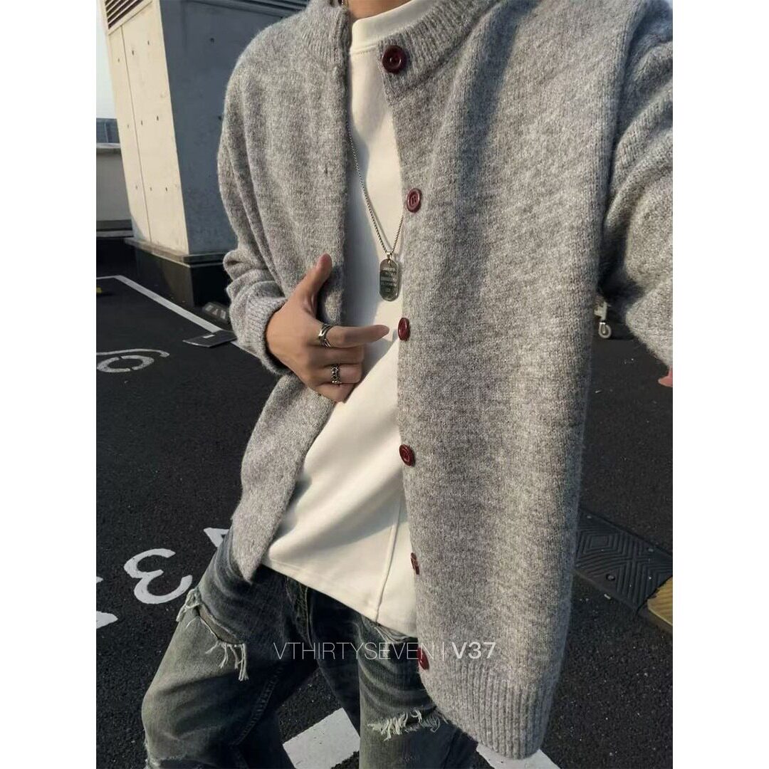复古慵懒感纽扣撞色毛衣开衫男女秋季潮牌老钱风羊毛混纺针织外套