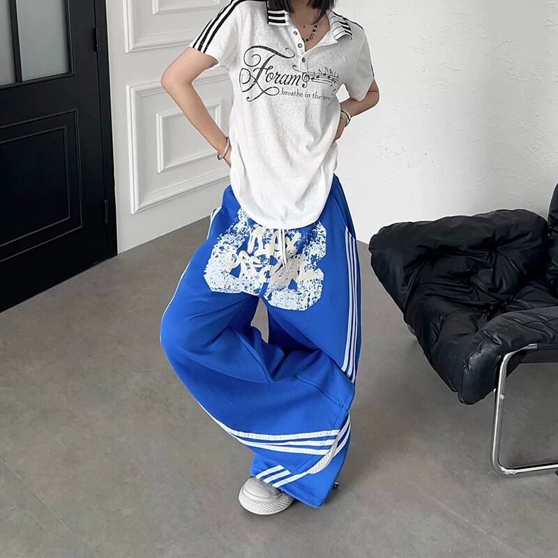 美式复古字母撞色条纹弯刀卫裤男女秋季宽松高街双腰头阔腿长裤子