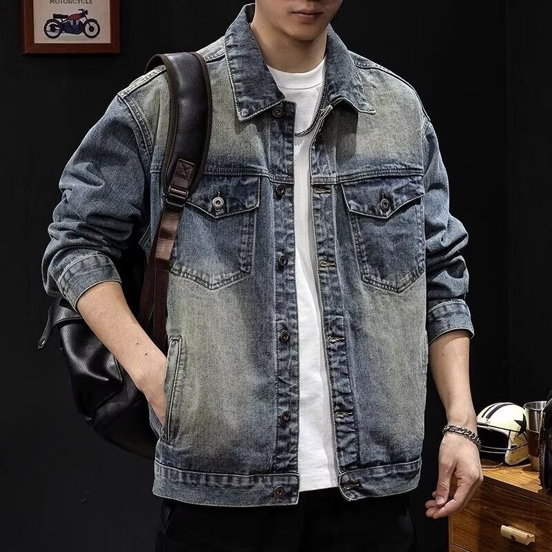 高奢复古机车牛仔外套男潮牌做旧重工刺绣夹克欧洲站牛仔褂子