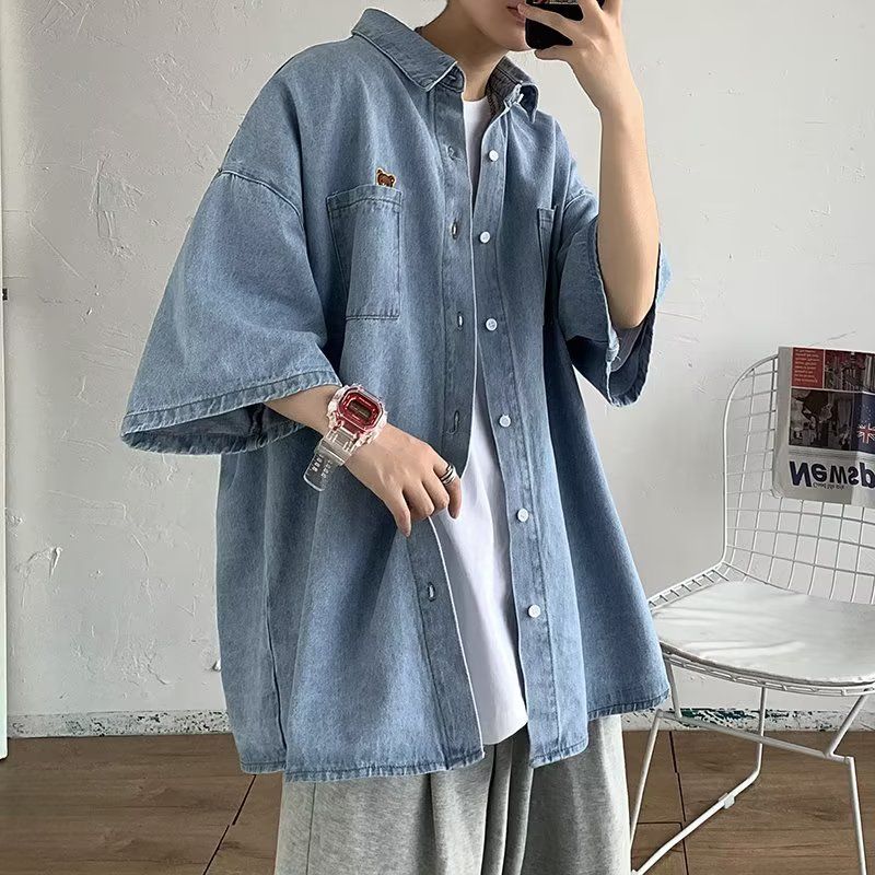牛仔衬衫夏季薄款韩版潮流短袖衬衣港风百搭宽松中袖外套