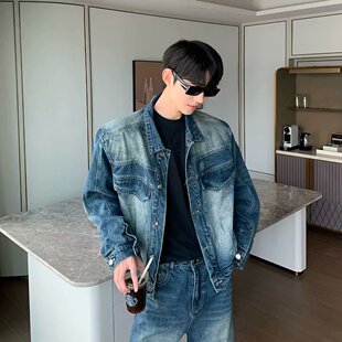 欧美式复古街头vibe潮牌牛仔外套深蓝色男春秋高街痞帅上衣