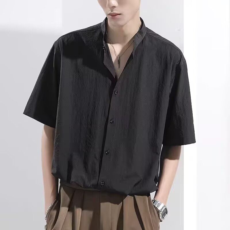 冰丝衬衣短袖男款2026新款夏季纯色休闲衬衫宽松立领外套五分袖图片