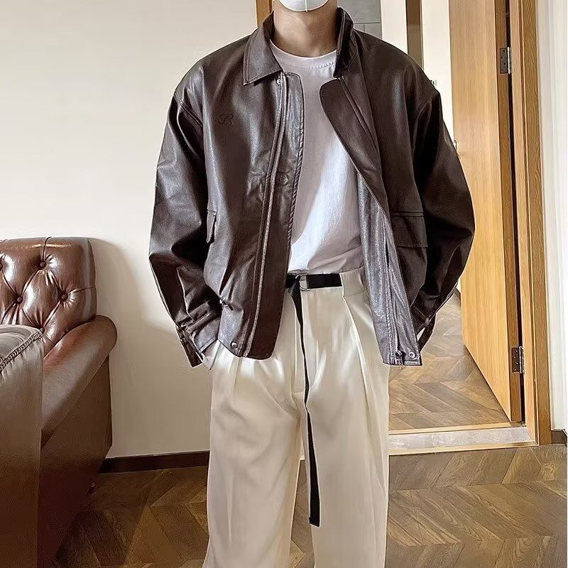 欧美街头潮流宽松机车服皮衣男潮痞帅气高级感飞行员PU皮夹克外套