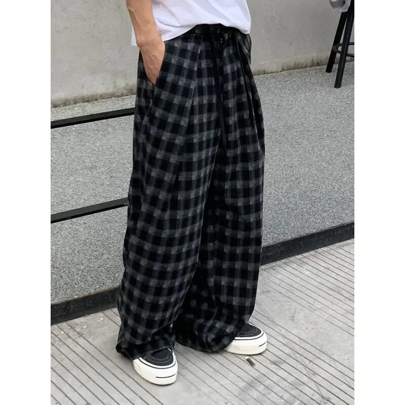 早秋复古黑白格子休闲裤男女同款美式慵懒垂感长裤宽松阔腿直筒裤
