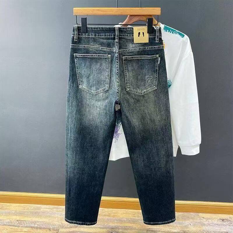 牛仔裤男款夏季潮牌美式街头百搭修身小脚复古蓝痞帅水洗九分裤子