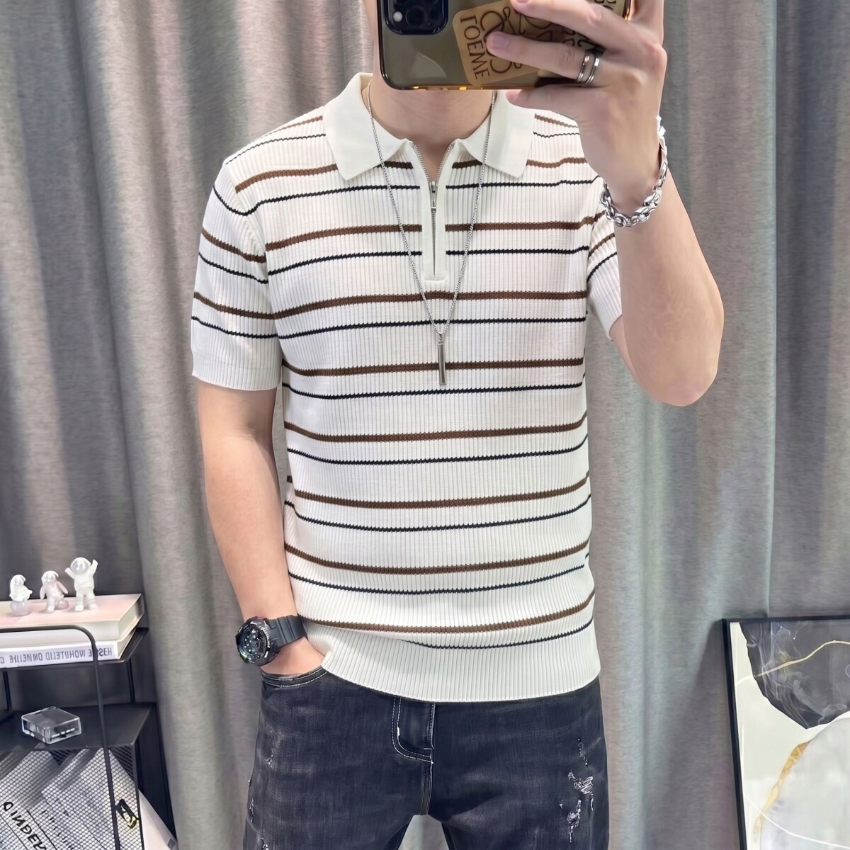 男装冰丝针织老钱风polo衫男士上衣夏季翻领休闲马球衫t恤男