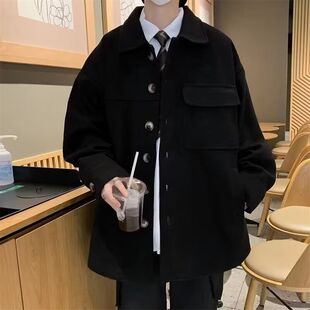 男款慵懒风韩版潮流百搭宽松格子毛呢夹克上衣春秋季盐系外套