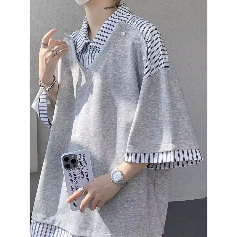 美式学院风衬衫领拼接假两件短袖T恤男女宽松休闲打底衫