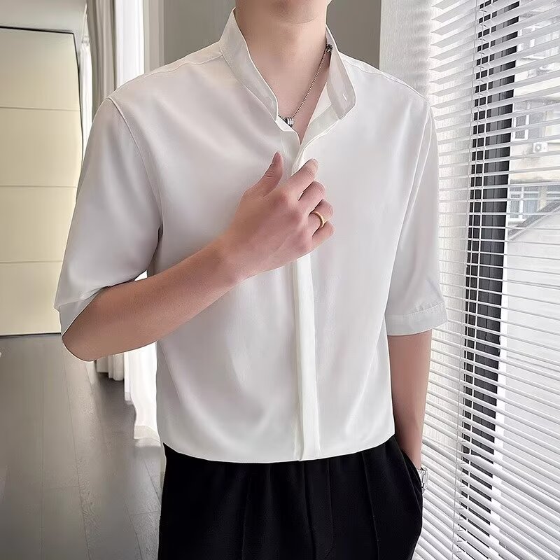 纯色立领衬衫男中袖日常