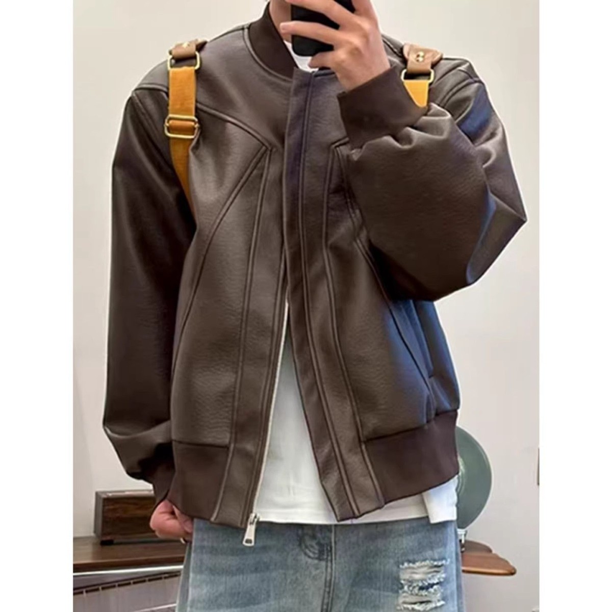 黑色美式解构pu皮衣外套男款秋冬cleanfit棒球服短款夹棉机车夹克