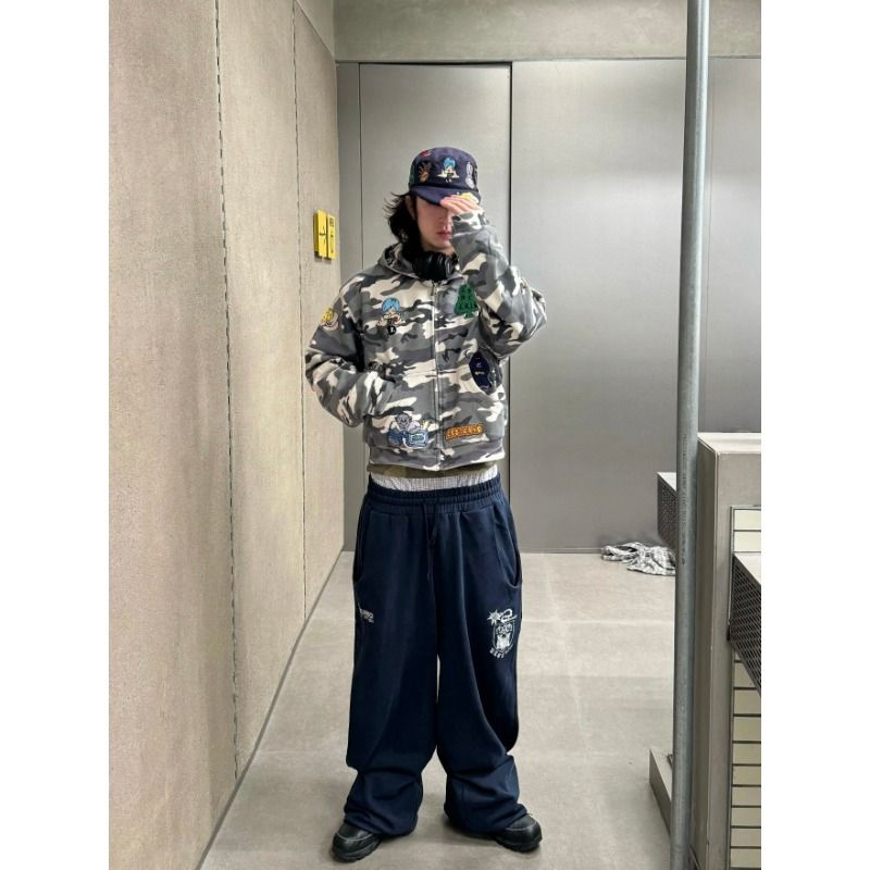 美式街头蝙蝠城堡刺绣设计感卫裤男女小众休闲宽松通勤百搭阔腿裤