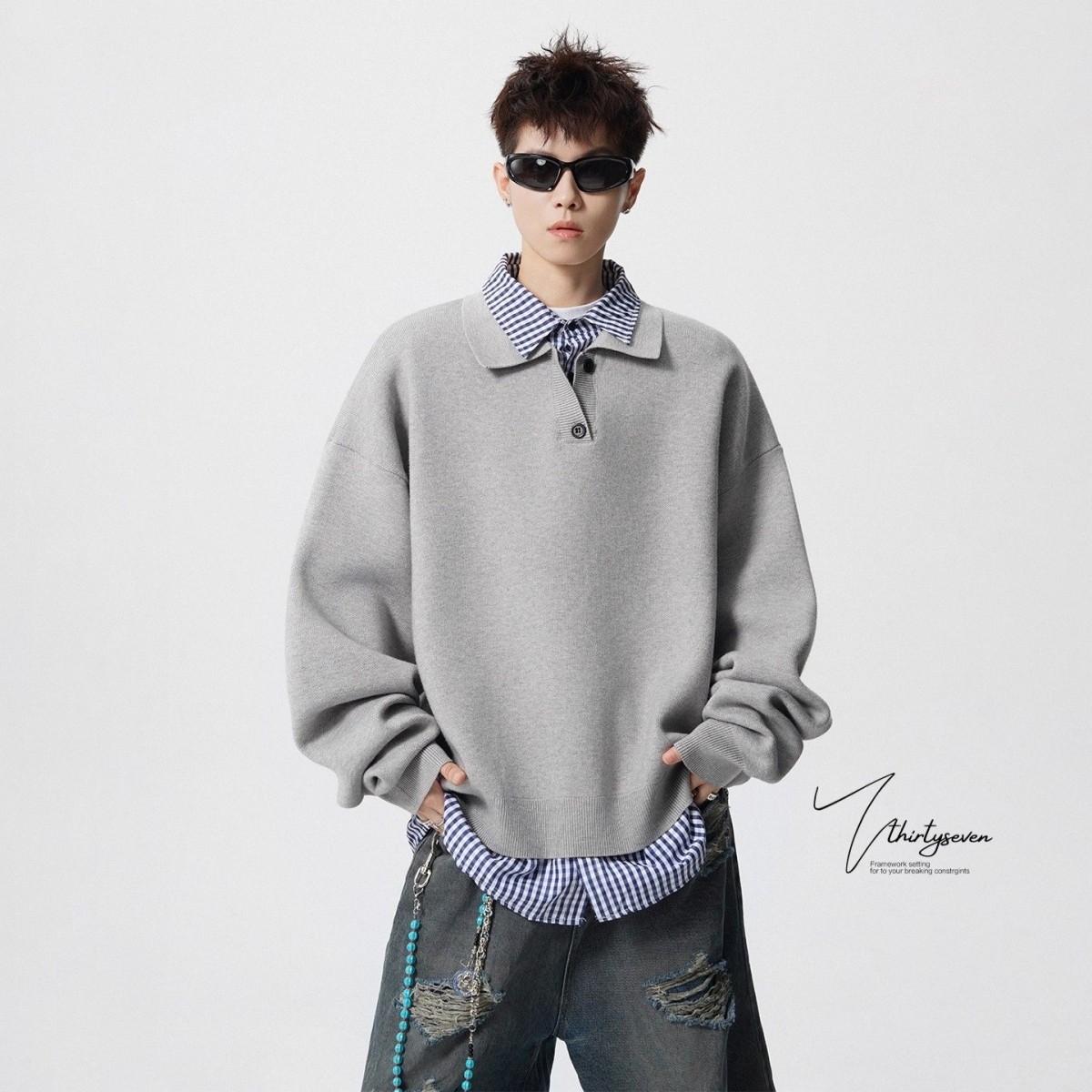 美式假两件拼接翻领针织毛衣男秋潮牌复古慵懒风条纹撞色线衫