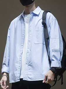 春秋季日系潮流蓝色外穿衬衫男长袖工装衬衣男士宽松休闲纯色外套
