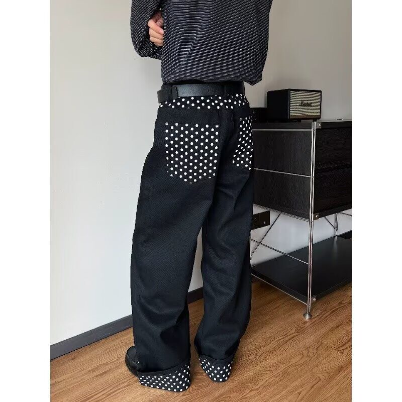 欧美街头帅气暗黑风铆钉十字休闲牛仔裤女新款宽松显瘦直筒阔腿裤