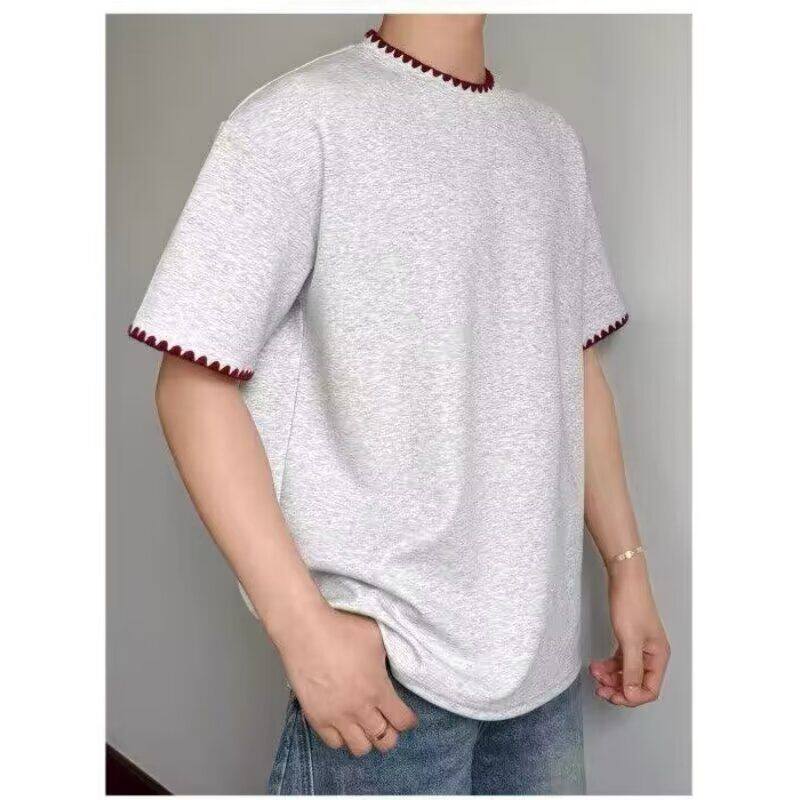 刺绣花边短袖男款夏季潮牌高级感美式重磅正肩圆领半袖T恤