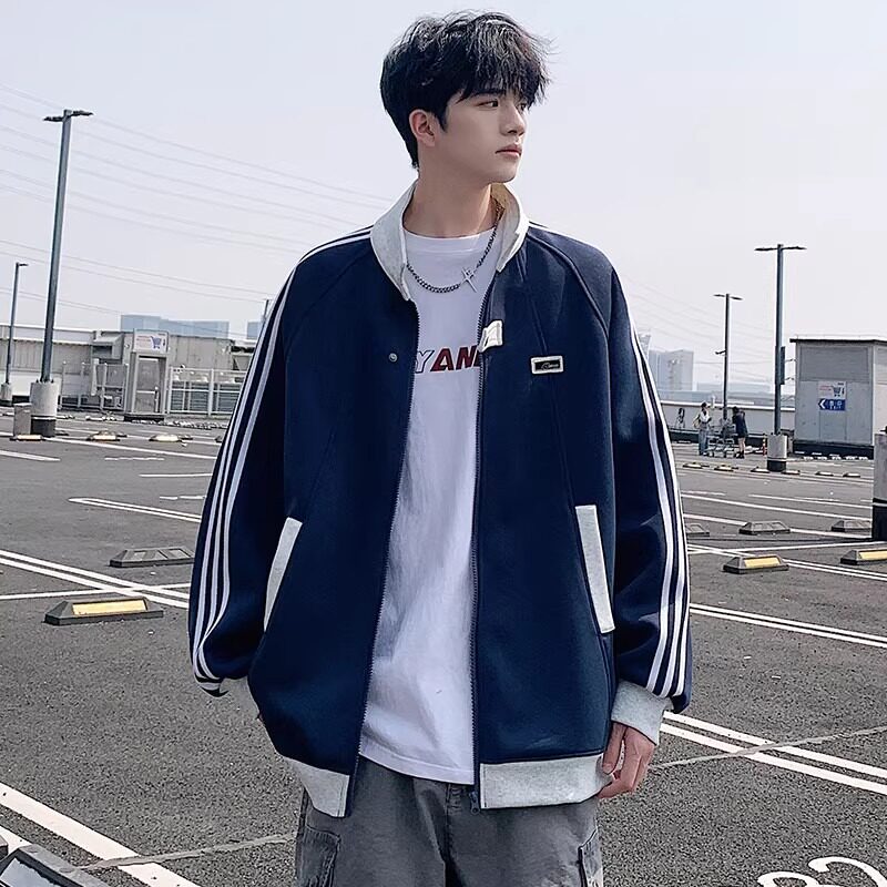 美式三条杠运动夹克男潮牌情侣外套学生休闲开衫棒球服