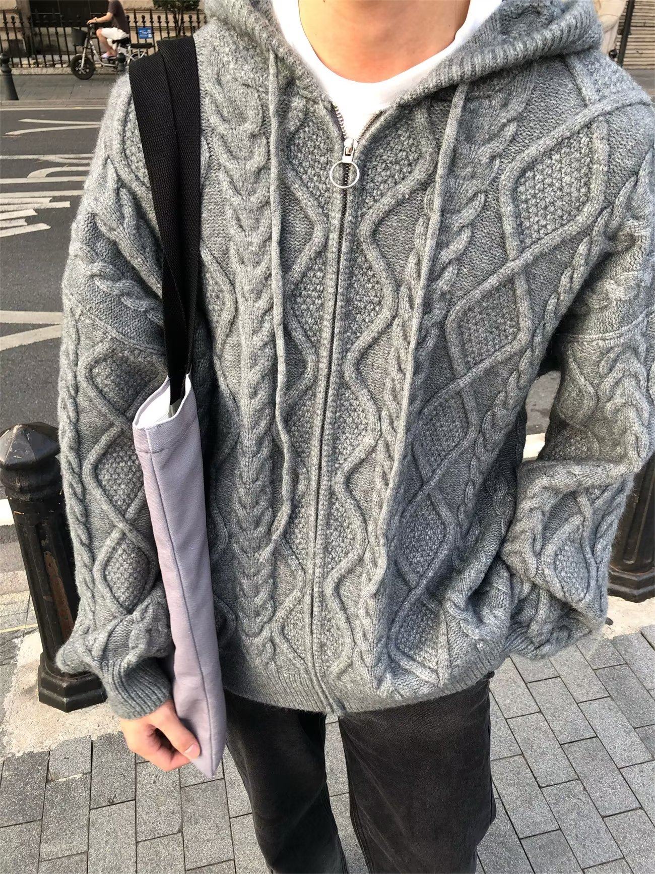 秋冬季轻熟风休闲针织衫男外套连帽开衫春秋韩版潮流宽松拉链毛衣