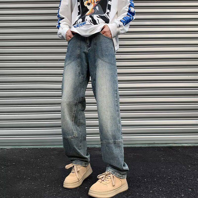 秋季复古闪电纹牛仔裤男潮牌炸街休闲水洗宽松痞帅阔腿直筒弯刀裤