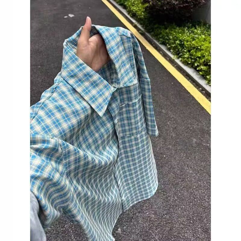 小青少年腊肠狗蓝色格子衬衫男尼妮家格纹衬衣街头嘻哈潮流力外套