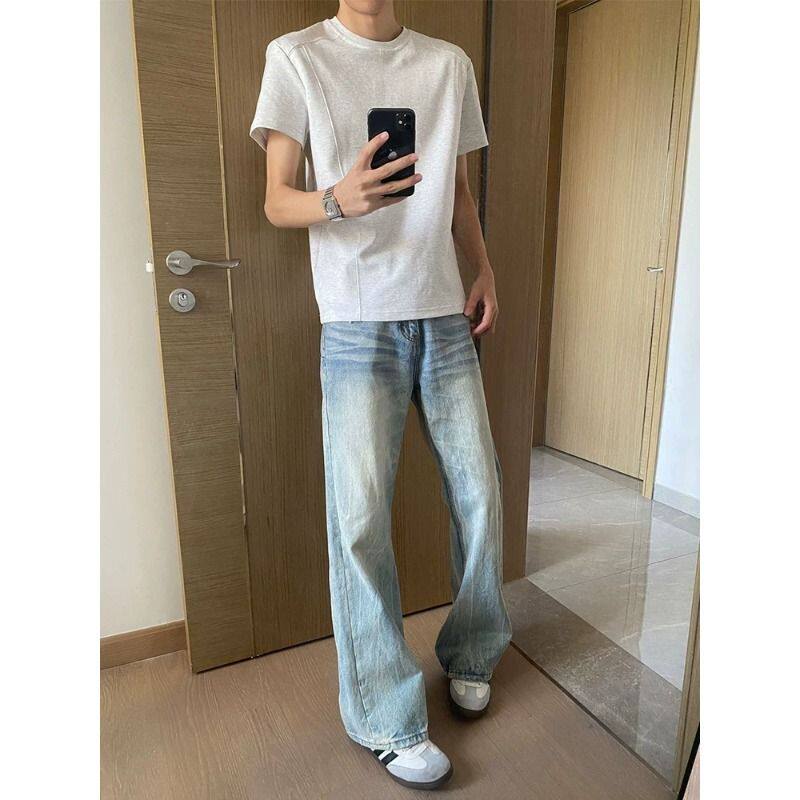 ykee浅蓝色微喇牛仔裤男女款春季美式高街显瘦裤子cleanfit直筒裤