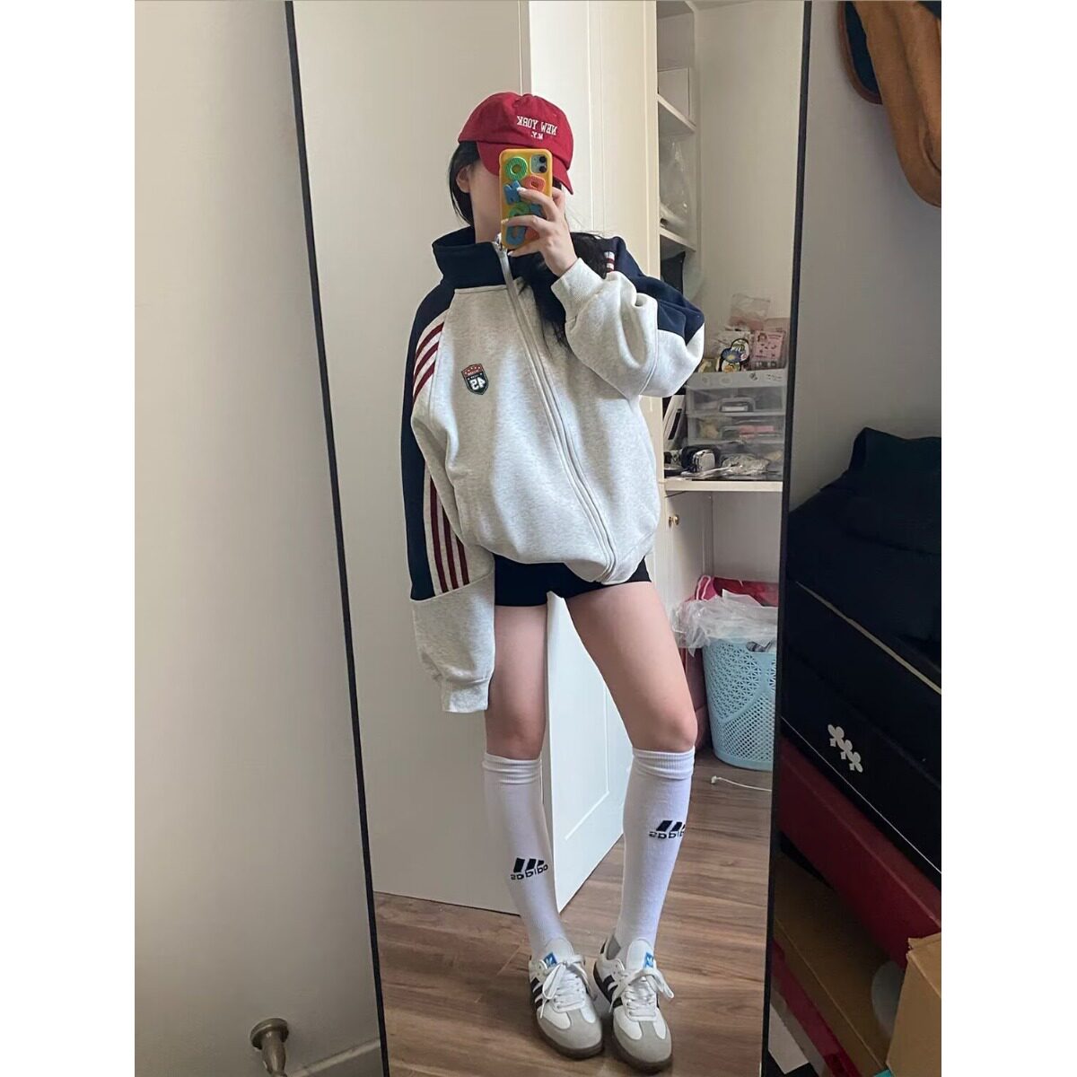 美式高街立领开衫撞色条纹插肩卫衣外套女春秋款学院风夹克棒球服