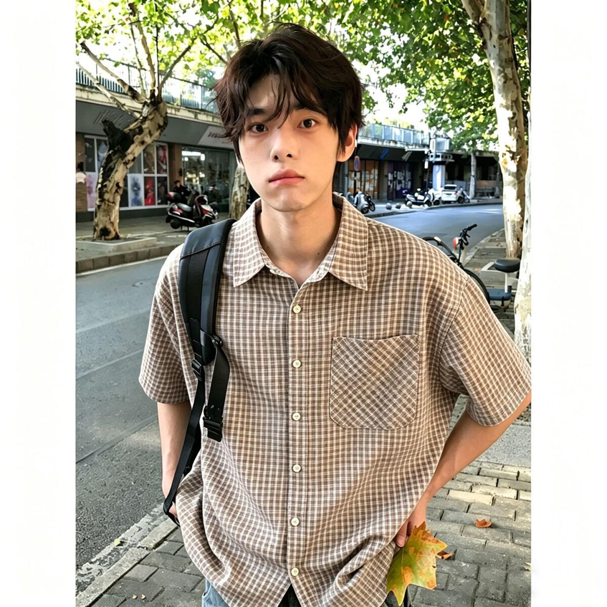 浅蓝色清爽格子衬衫男款夏季cleanfit休闲防晒少年感情侣短袖衬衣