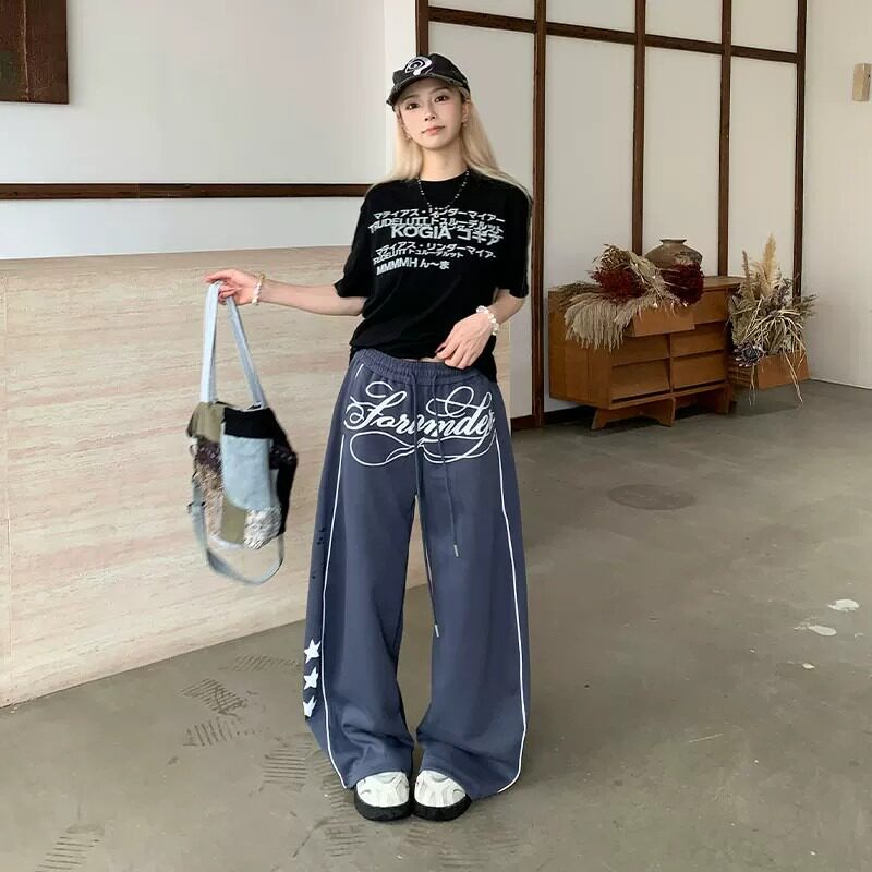 美式潮牌字母星星印花条纹弯刀卫裤男女街舞宽松休闲运动阔腿长裤