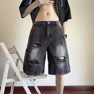 夏天高街 潮流胖子宽松痞帅美式 牛仔水洗破洞五分短裤 男加肥加大码