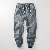 2025美式 子 束脚长裤 休闲痞帅补丁破洞牛仔裤 男宽松潮牌街头个性