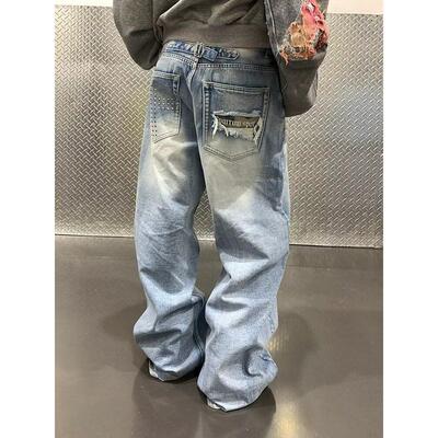 HY711水洗风暴蓝猫须A字版型直筒宽松牛仔裤男女cleanfit裤子