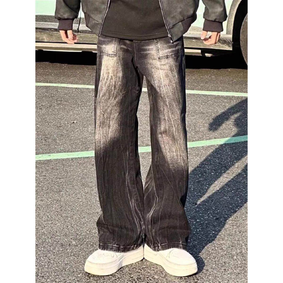 美式复古微喇叭牛仔裤男半松紧复古水洗黑灰色修身显瘦拖地裤子,男装,牛仔裤,淘宝优惠券,粉丝福利购,淘宝优惠卷