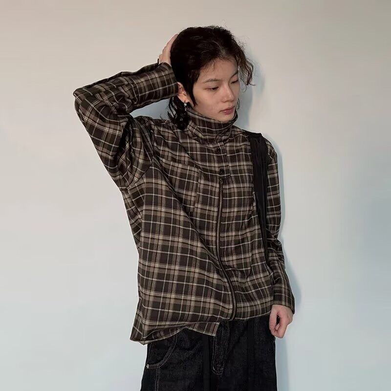 美式复古立领格子衬衫男春秋小众设计感长袖衬衣情侣薄款开衫外套