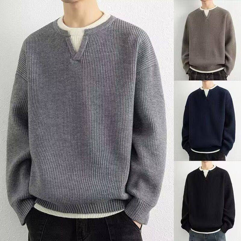 高级感痞帅V领卫衣男假两件2025春秋季新款潮牌休闲宽松长袖T恤衫