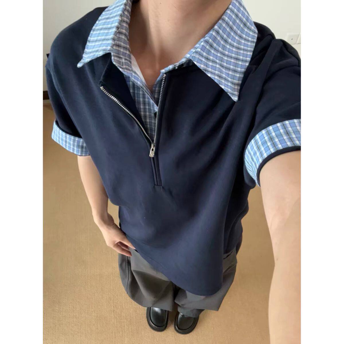 美式高级感假两件格子拼接polo领短袖T恤男款夏季学院风翻领半袖