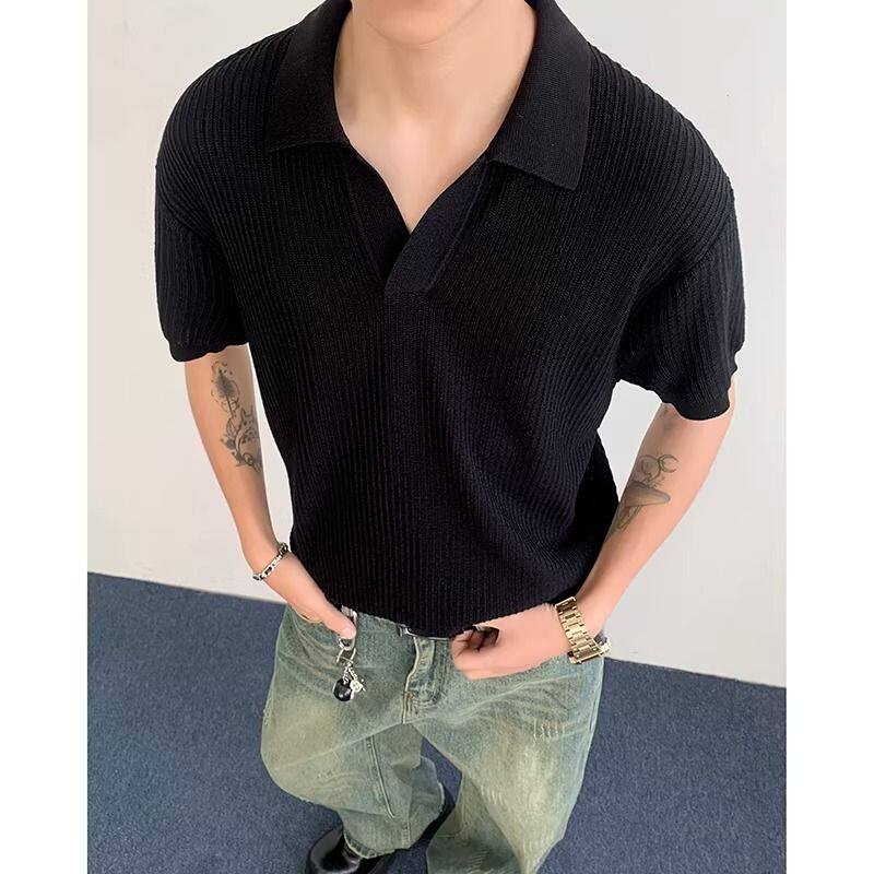 灰色坑条V领polo衫短袖男款夏季老钱风针织T恤cleanfit半截袖上衣