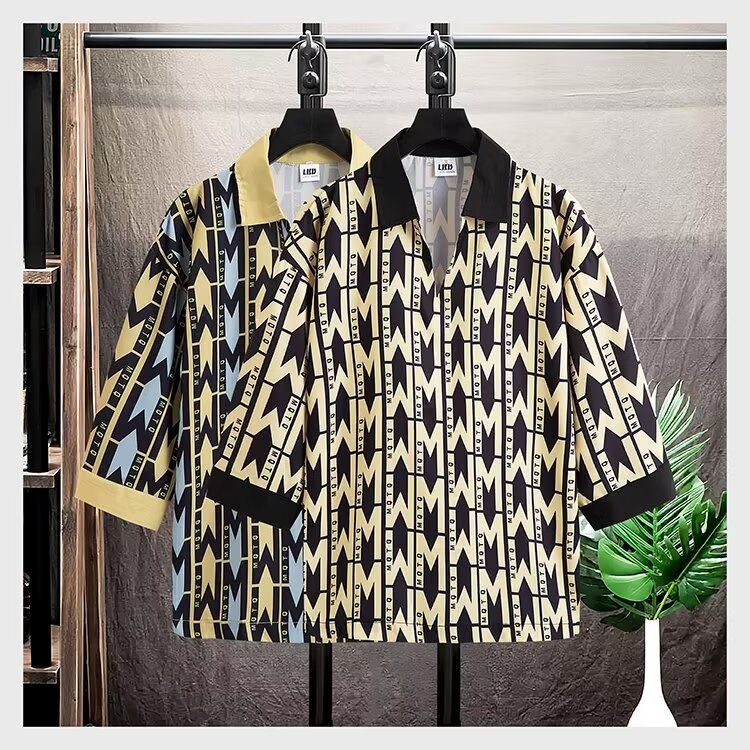 夏季衬衫男短袖印花防嗮修身韩版男士休闲七分袖免烫抗皱衬衣